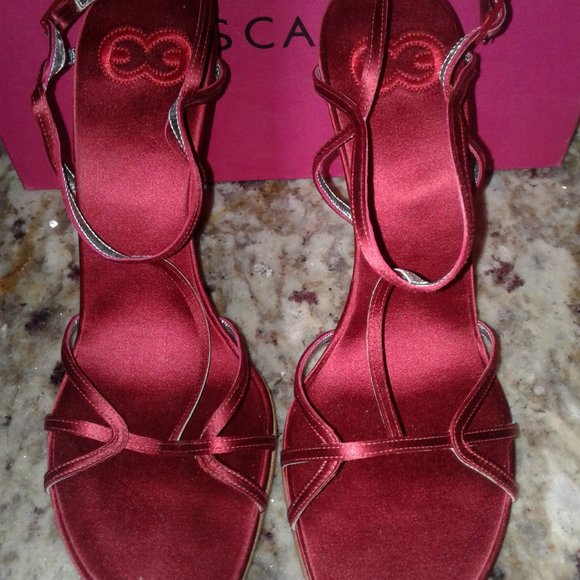 Escada Satin Red Ankle Sandals - Picture 1 of 6